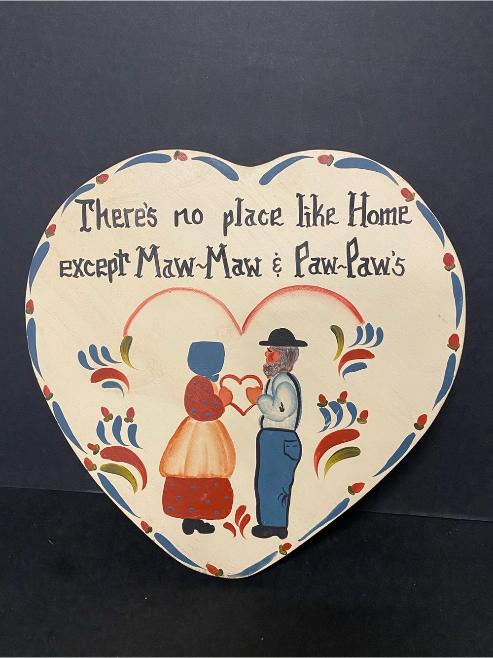Heart-Shaped Folk Art Wall Sign in Cream, Blue and Red